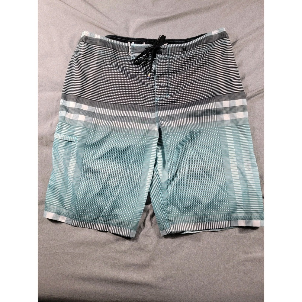 Hurley Board Shorts Mens 36x10 Aqua Blue Black Geometric Check, Beach Swim Surf